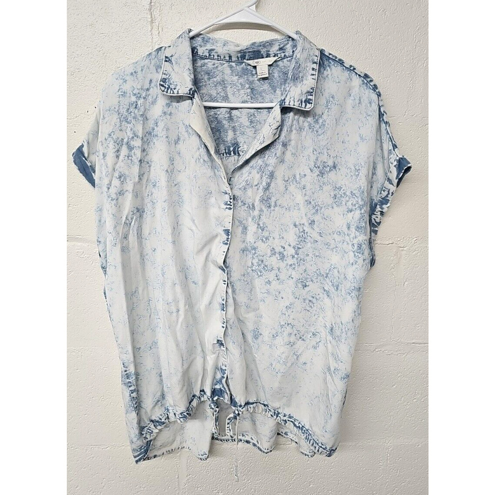 Cato Womens Blue Chambray Acid Wash Shirt Large Short Sleeve Top Tie Cinch